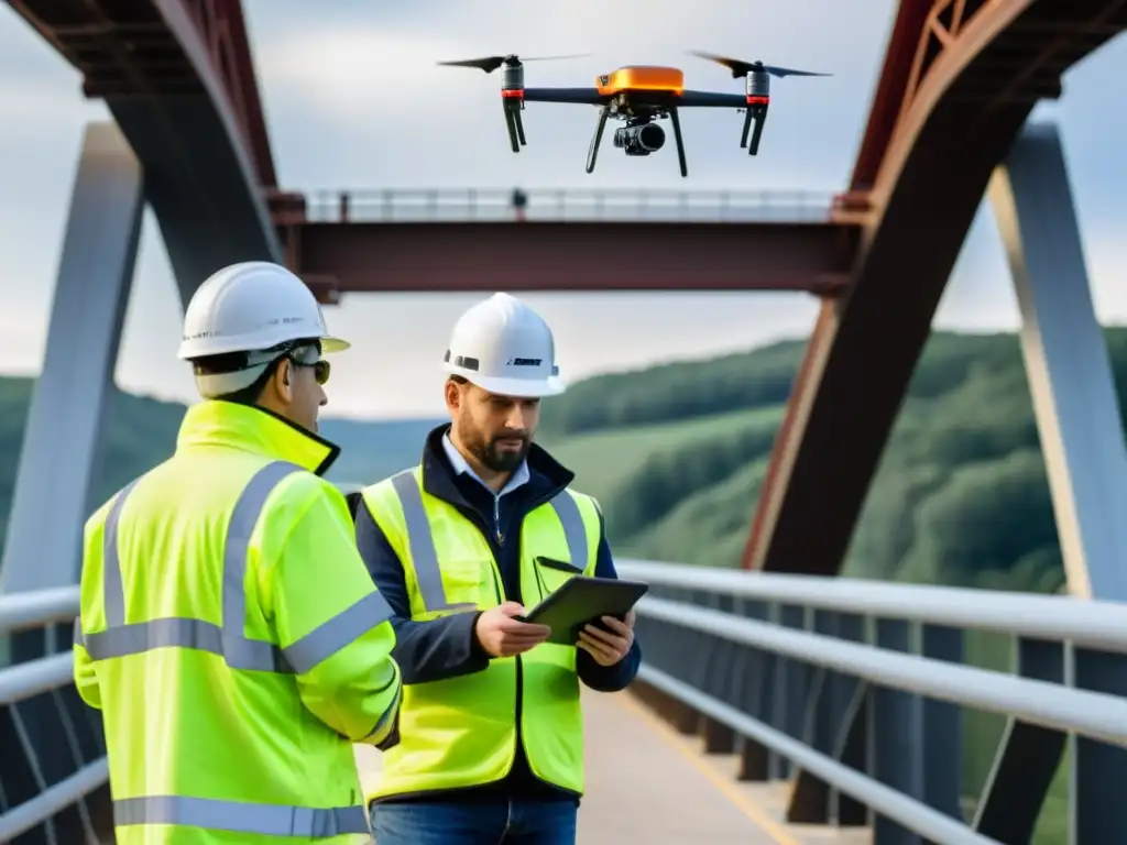 Ingenieros inspeccionan puente con drones, analizando imágenes detalladas en tablets