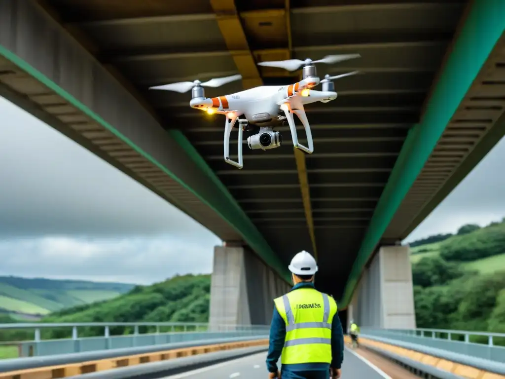 Ingenieros inspeccionando puente con drones, destacando tecnología innovadora y eficiencia en mantenimiento