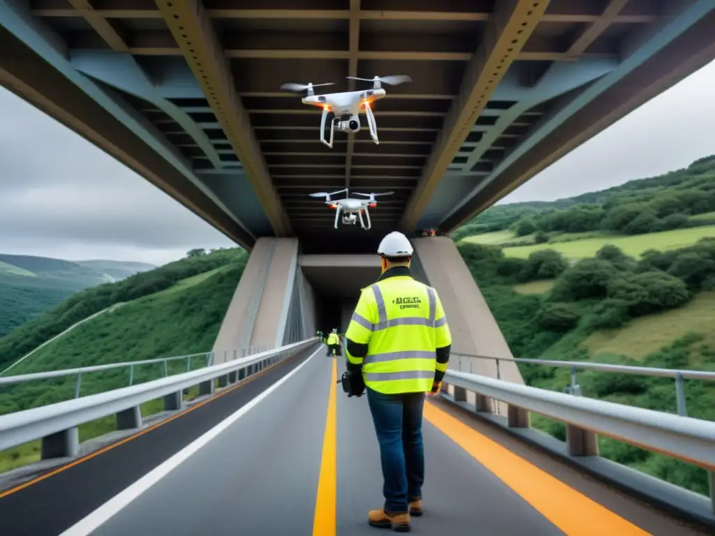 Ingenieros inspeccionan puente extremo con drones de alta tecnología