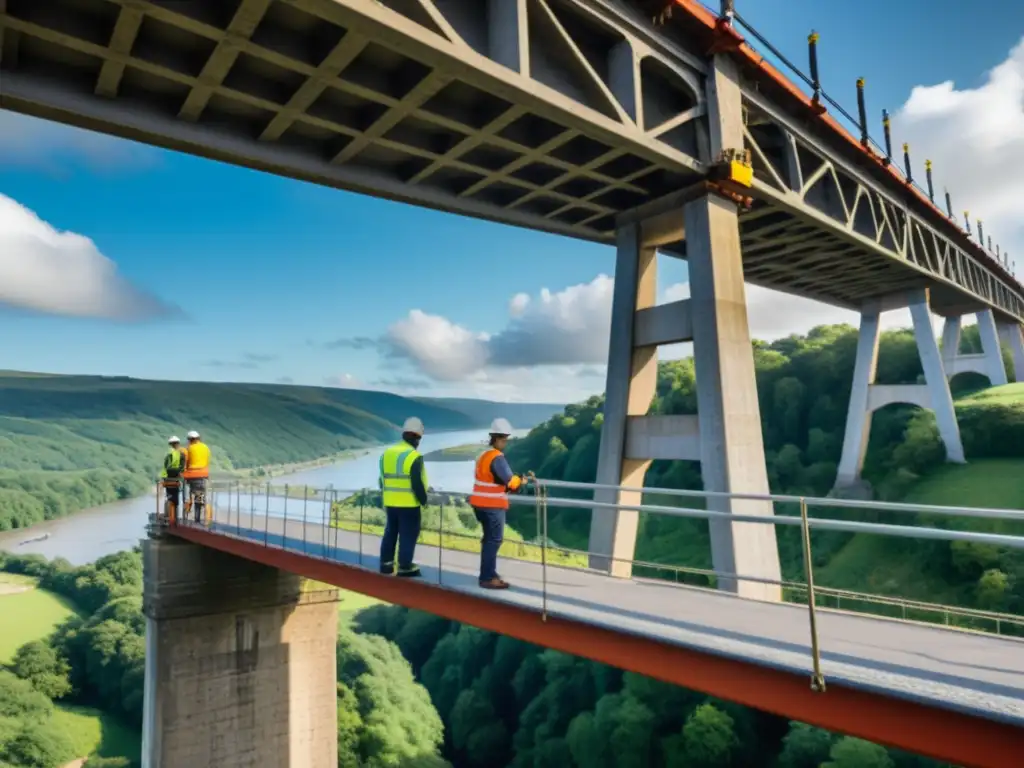 Ingenieros inspeccionando un puente con métodos tradicionales, destacando la dedicación y precisión en la seguridad estructural de puentes