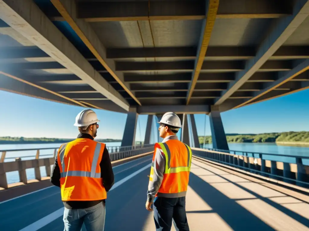 Ingenieros inspeccionando puente con realidad aumentada, destacando la precisión y la seguridad estructural