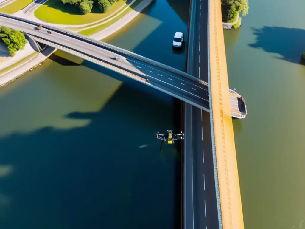 Inspección de puente con drones de alta definición Ingenieros inspeccionando un puente con tecnología de drones avanzada