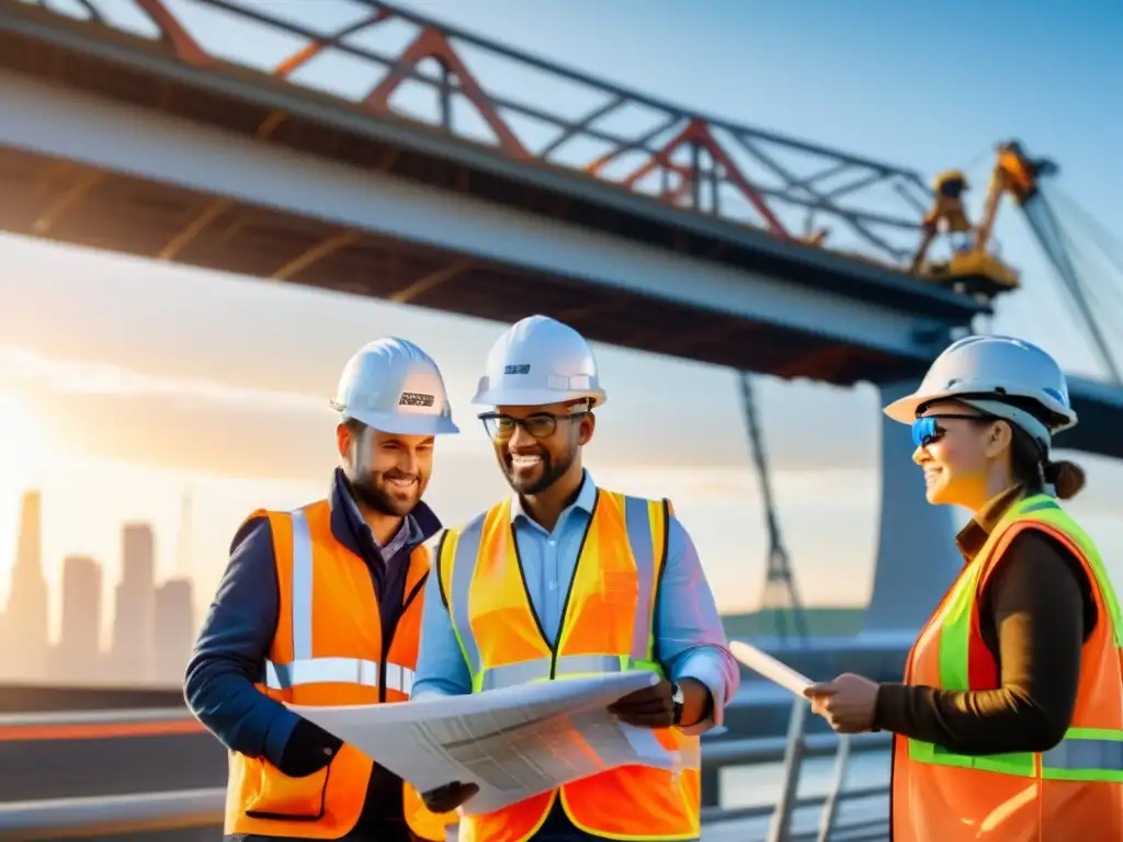 Ingenieros en realidad aumentada supervisan construcción de puente al atardecer