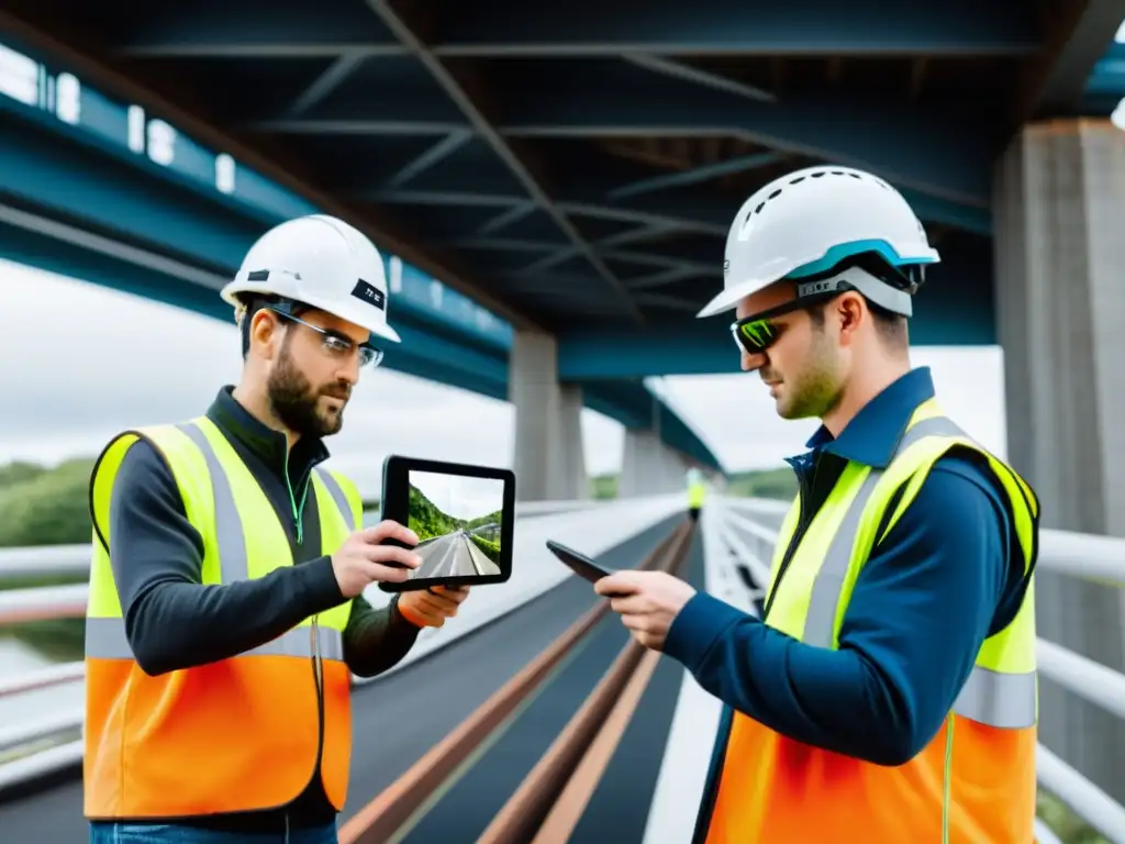 Ingenieros usando Realidad Aumentada en Desastres de Puentes para inspeccionar la integridad estructural