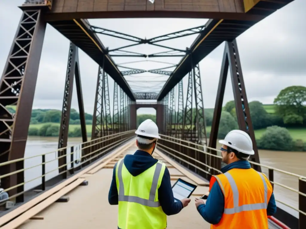 Ingenieros utilizan realidad aumentada para restaurar un puente histórico, rodeados de andamios y equipo de construcción