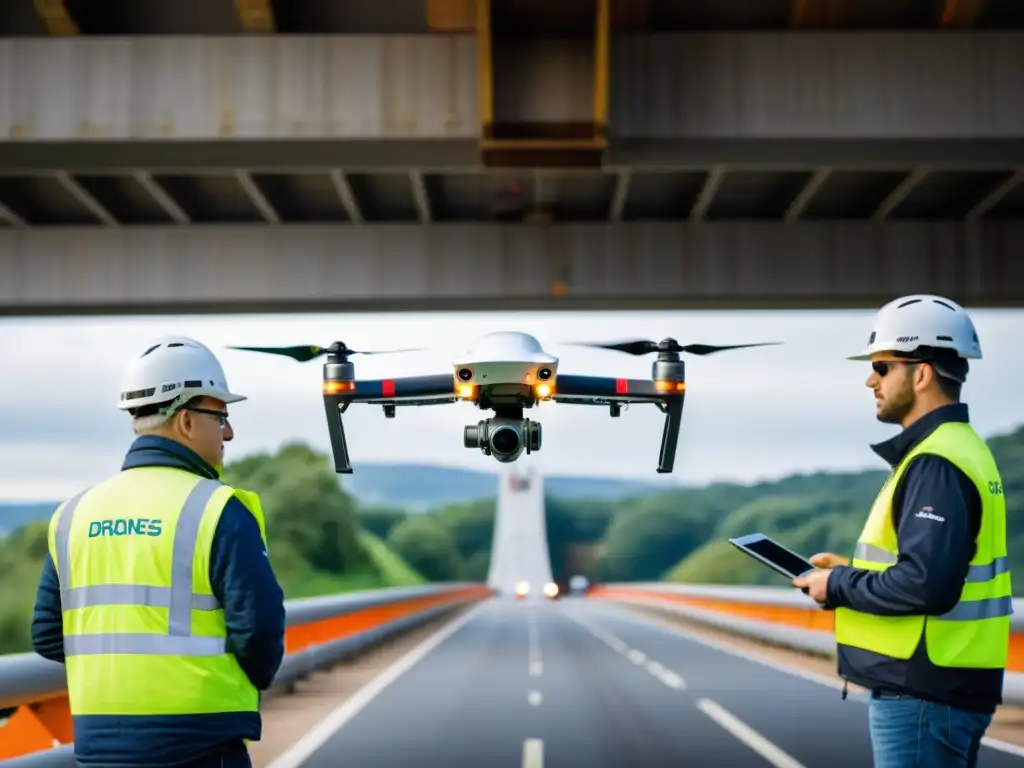 Ingenieros y técnicos utilizan drones de alta tecnología para inspeccionar un puente, destacando la integración de drones en el monitoreo de puentes