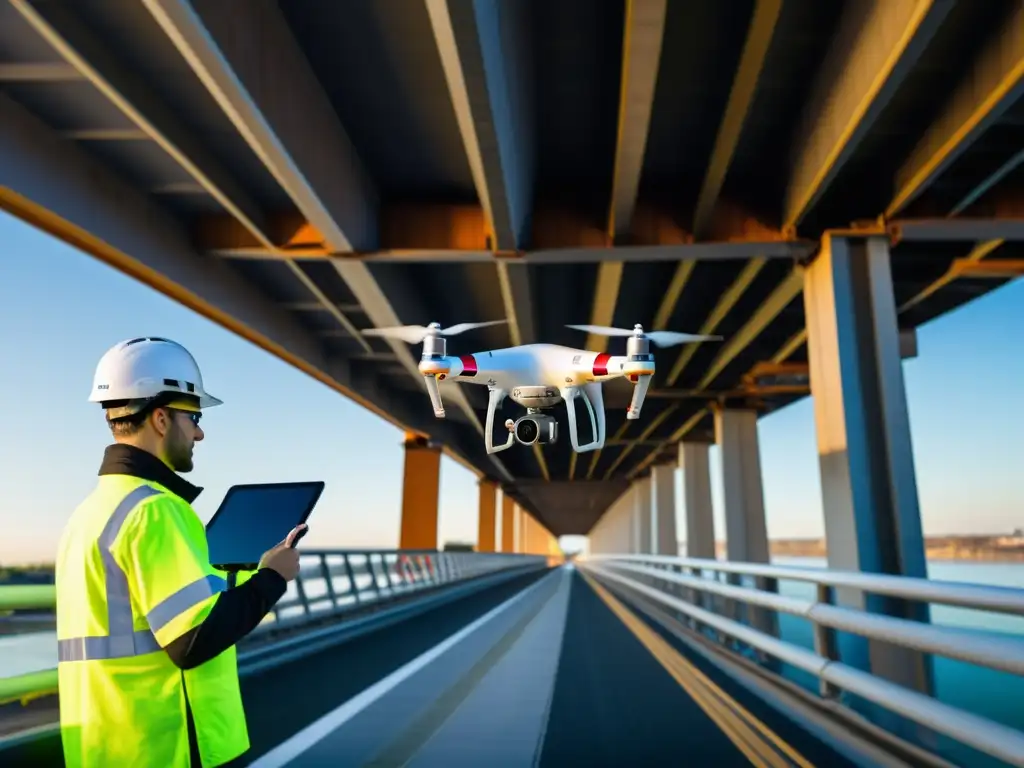 Ingenieros y técnicos utilizan drones para mantenimiento innovador de puentes y estructuras, fusionando tecnología y infraestructura en la era moderna