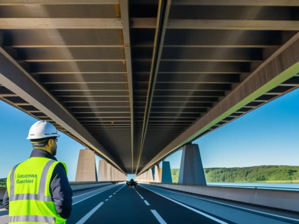 Ingenieros y técnicos inspeccionan puente con drones de alta tecnología para reducción costos mantenimiento puentes drones