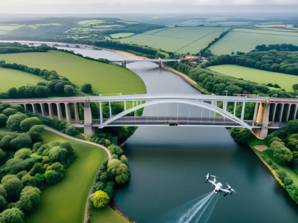 Ingenieros y técnicos inspeccionando un puente icónico con drones, destacando el mantenimiento innovador de estructuras