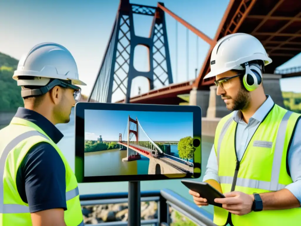 Ingenieros utilizando tecnología de Realidad Aumentada para inspeccionar la integridad estructural de un puente, destacando la conservación de puentes