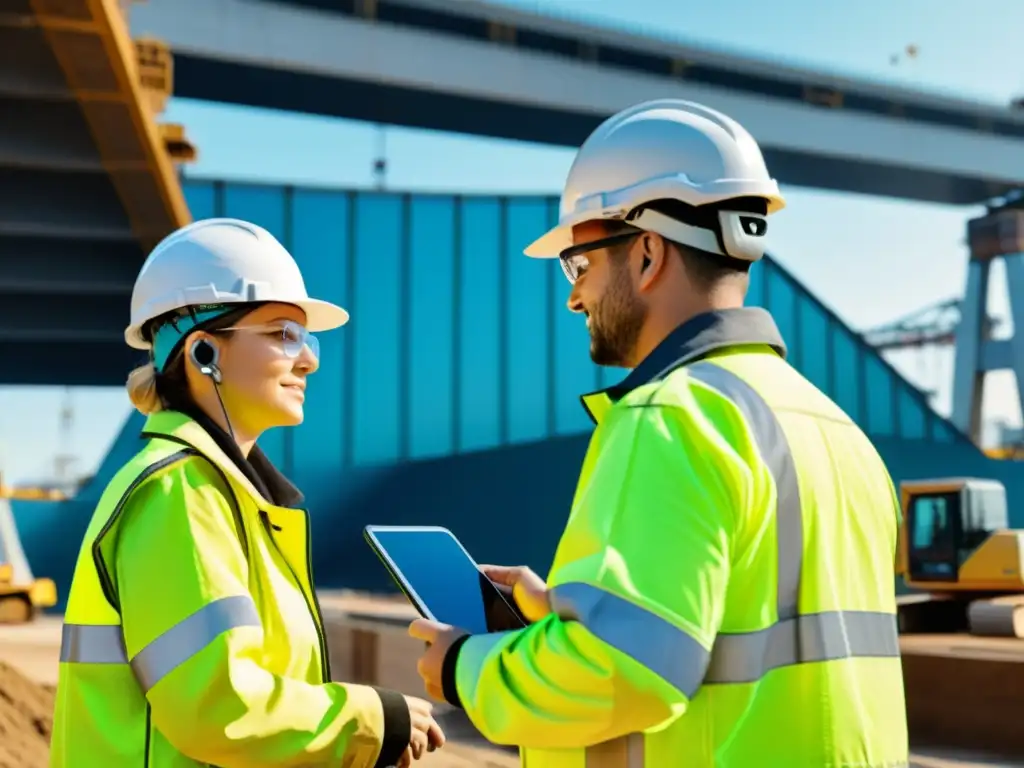 Ingenieros y trabajadores utilizan Realidad Aumentada en construcción de puentes, con maquinaria y planos digitales integrados