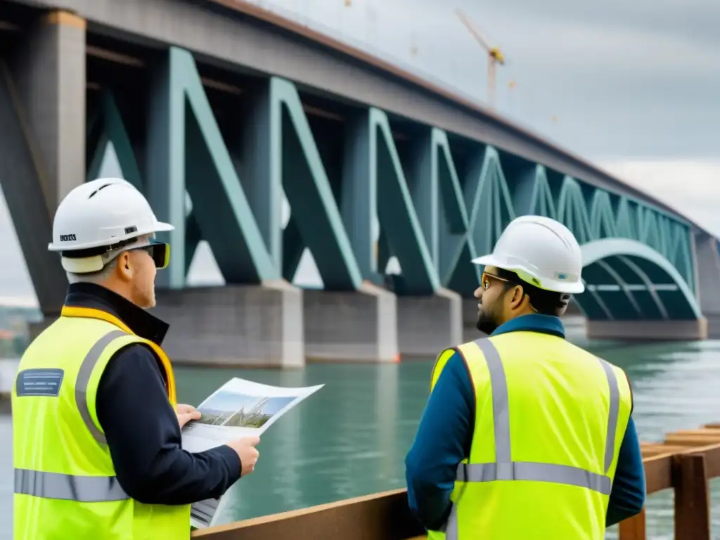 Ingenieros y trabajadores usando realidad aumentada para reconstruir un puente icónico