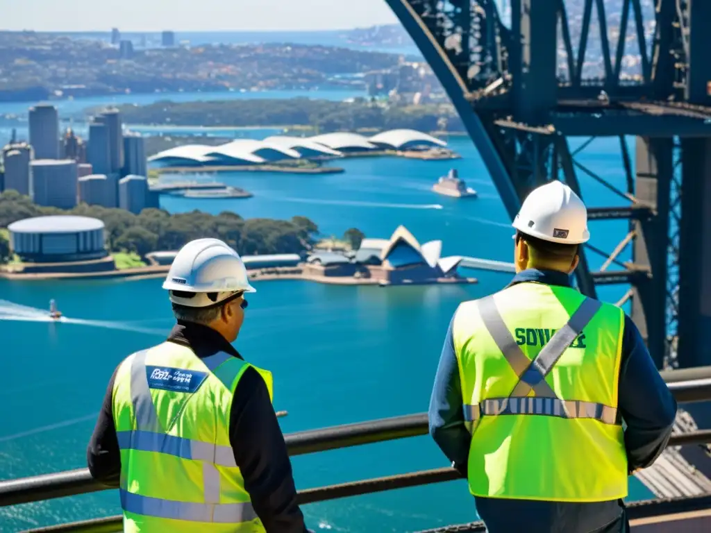 Innovaciones en mantenimiento puente Sídney: Trabajadores inspeccionando cables del Sydney Harbour Bridge, con la ciudad de fondo