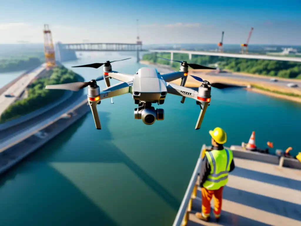 Innovaciones en ingeniería de puentes con drones: Captura detallada de un dron tecnológico filmando la construcción de un puente