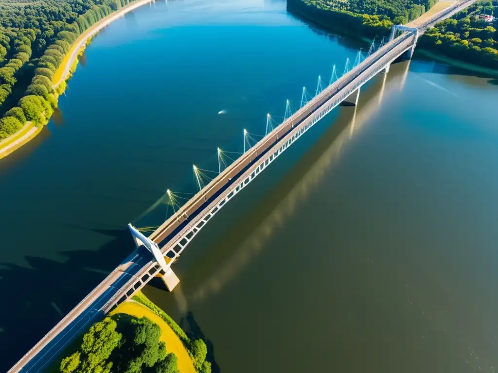 Innovaciones en ingeniería de puentes con drones: Vista aérea de un puente majestuoso sobre un río, con detalles arquitectónicos impresionantes y una sensación de grandiosidad y progreso