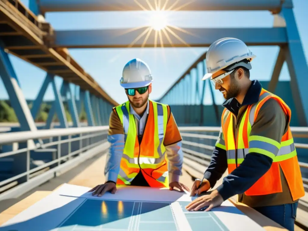 Ingeniería civil con innovaciones en realidad aumentada, equipo trabajando en la construcción del puente con hologramas y herramientas virtuales