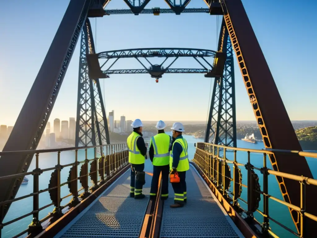 Inspección detallada de ingenieros y trabajadores en el Puente de la Bahía de Sídney, revelando su intrincada estructura de acero y cables