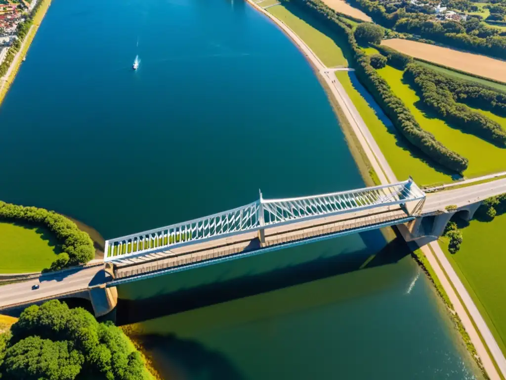 Inspección con drones de un puente icónico y majestuoso, mostrando detalle arquitectónico y paisaje impresionante