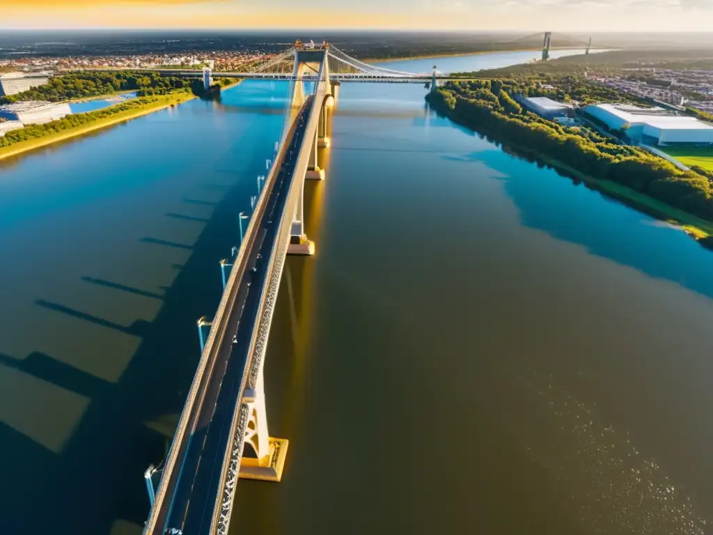 Inspección con drones de puentes icónicos: majestuoso puente sobre un amplio río, con luz dorada y detalles arquitectónicos impresionantes