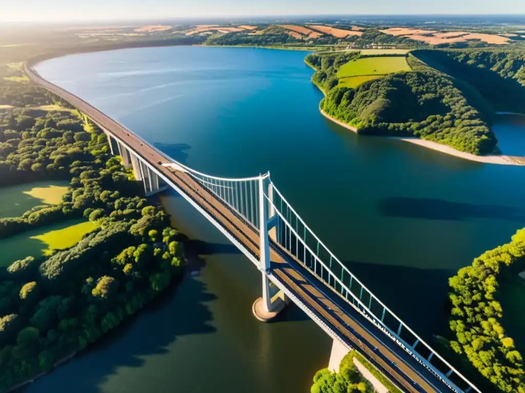 Inspección con drones de puentes icónicos: Vista aérea majestuosa de un icónico puente, destacando su arquitectura, metalurgia y entorno natural