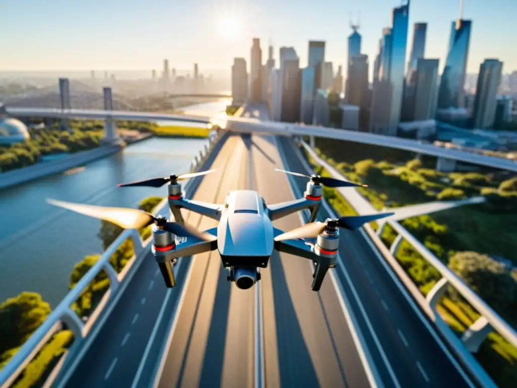 Innovación y tecnología se fusionan en la inspección de puentes con drones, capturando la arquitectura moderna y la ciudad en el fondo