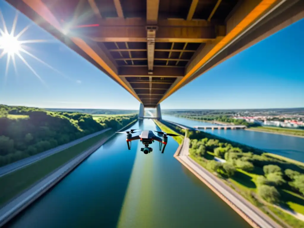 Inspección de puentes con drones: Tecnología avanzada capturando detalles de la estructura del puente desde el aire, con propelas congeladas y luz solar filtrándose