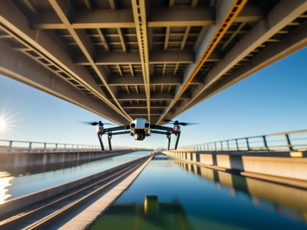 Inspección de puentes con drones: Detalle del drone capturando la estructura del puente, resaltando tecnología y trabajo en equipo