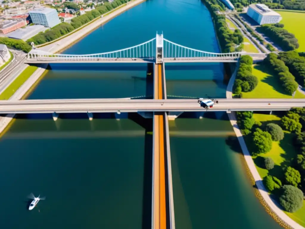 Inspección de puentes con drones: Un dron captura imágenes detalladas de un gran puente, mientras el sol crea destellos en las vigas metálicas