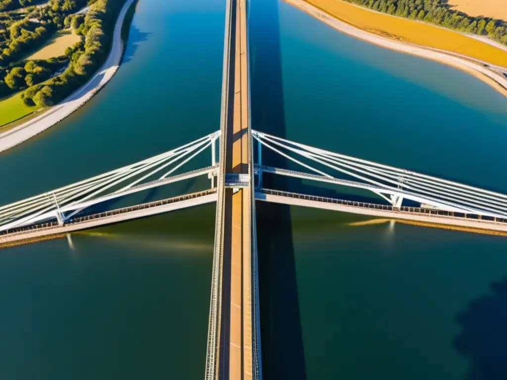 Inspección de puentes con drones: un drone captura detalles de un puente vasto e intrincado, con propelas congeladas en movimiento y sombras dinámicas