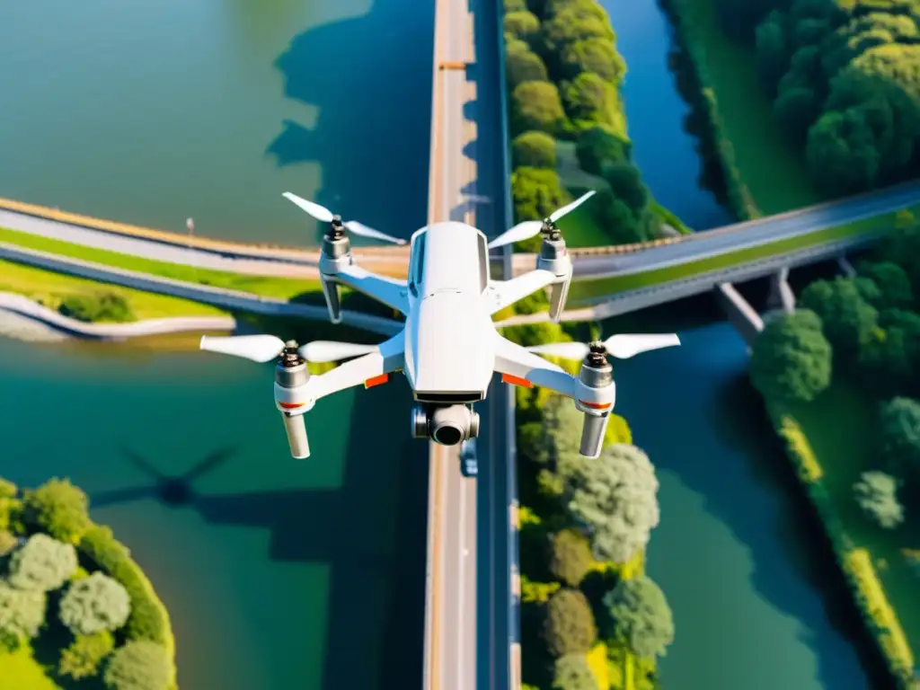 Inspección de puentes con drones: Imagen aérea de alta resolución de un dron inspeccionando un puente, destacando la precisión y tecnología avanzada