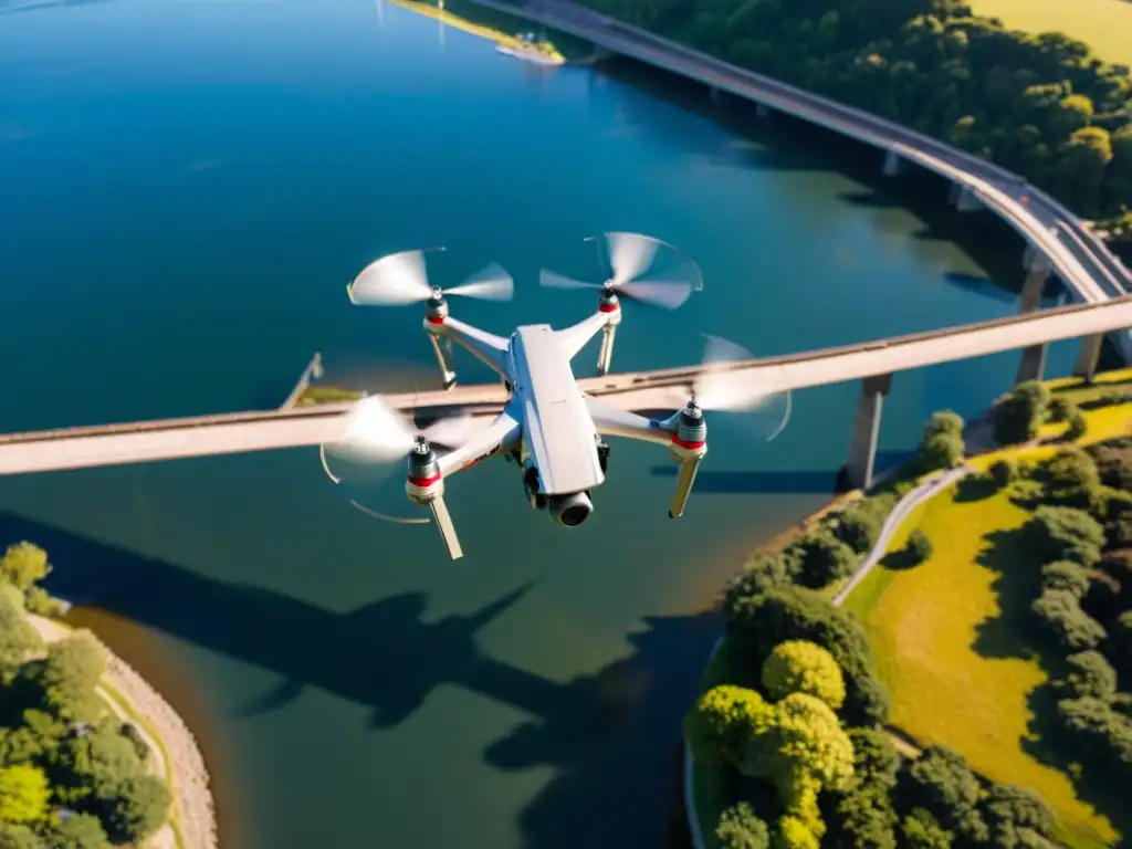 Inspección de puentes con drones: Imagen aérea de alta resolución capturando detalles de la infraestructura del puente y su entorno natural