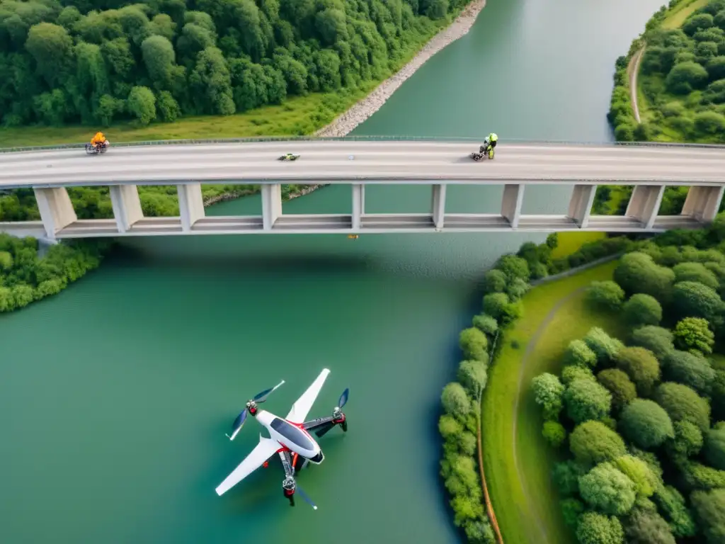 Inspección de puentes con drones: ingenieros inspeccionan un puente usando drones, mostrando tecnología y paisaje natural