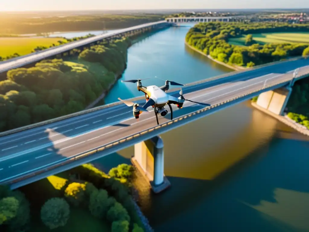 Inspección de puentes con drones: Vista aérea de un drone sobre un puente, capturando detalles y tecnología innovadora