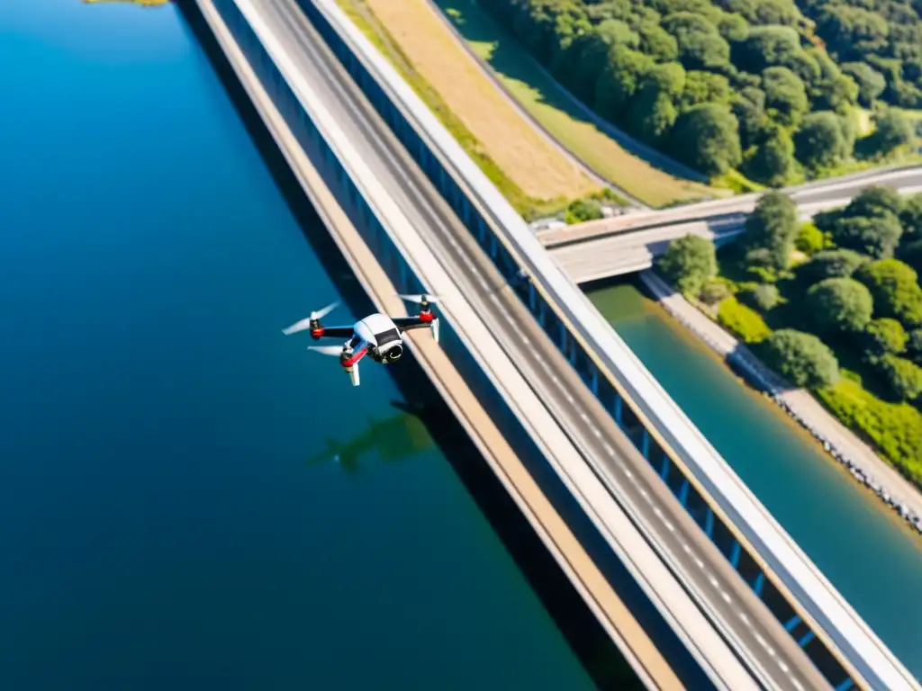 Inspección de puentes con drones: Vista aérea de un drone inspeccionando un puente, resaltando detalles estructurales y paisaje circundante