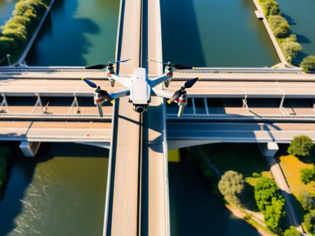 Inspección de puentes con drones: Vista aérea de un drone capturando imágenes detalladas de la intrincada estructura de un puente