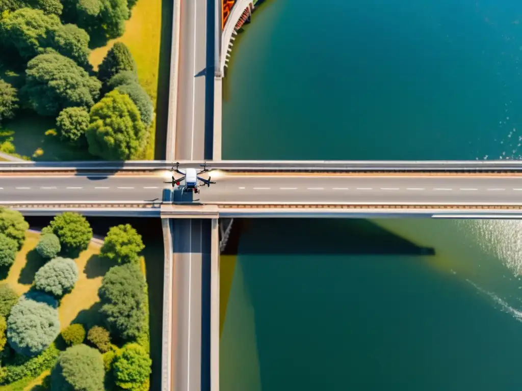 Inspección de puentes con drones: Una vista aérea de alta resolución muestra un drone inspeccionando un puente, destacando la tecnología y precisión