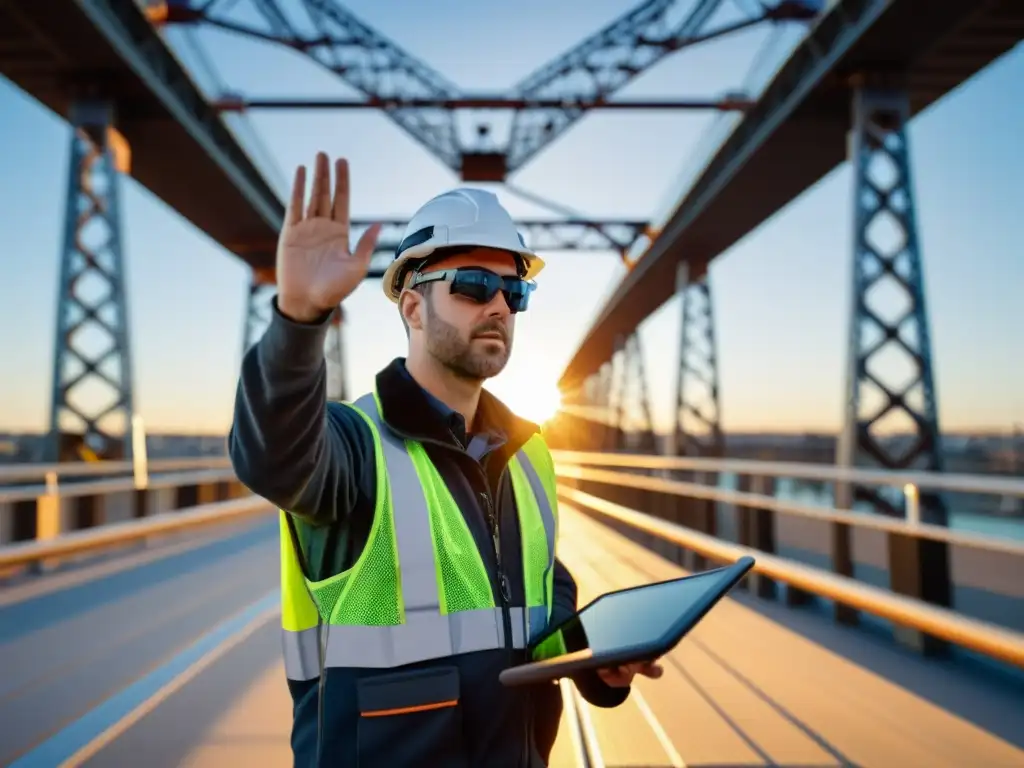 Un inspector de puentes, usando gafas de realidad aumentada, interactúa con datos en tiempo real