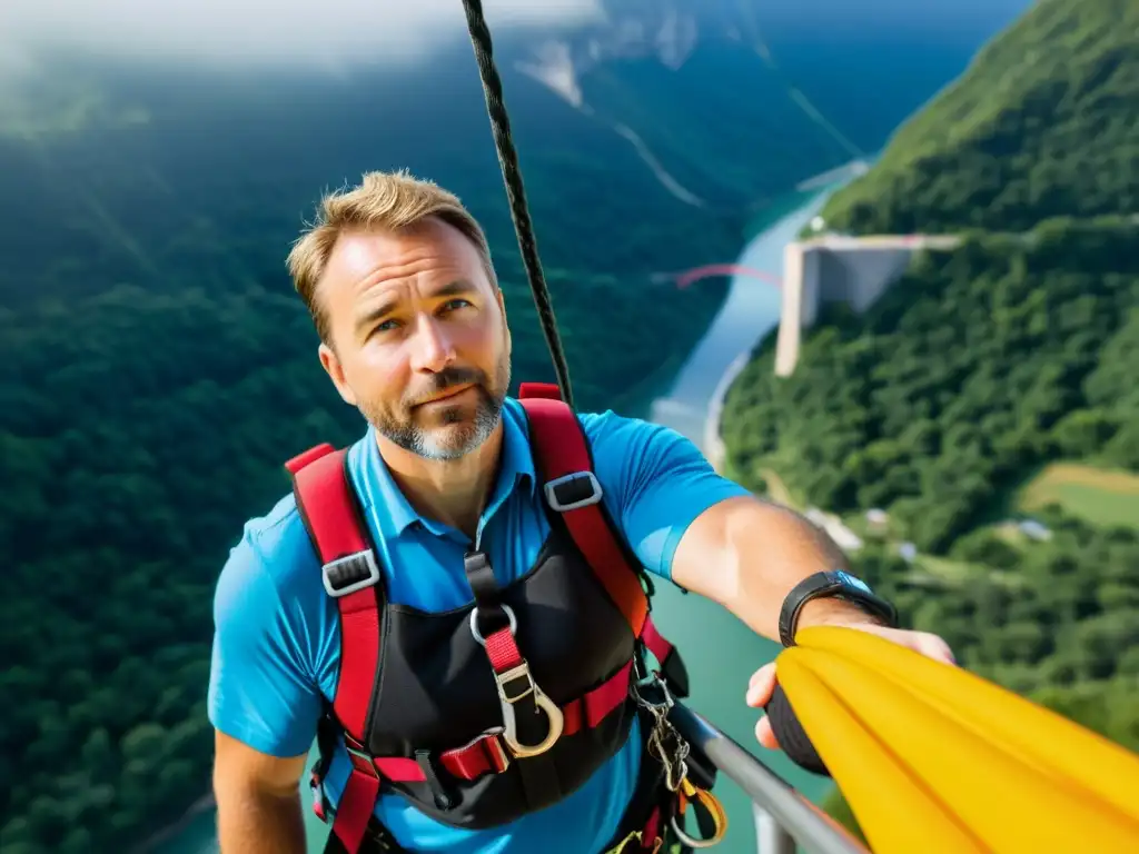 Un instructor de bungee jumping revisando el equipo bajo un puente