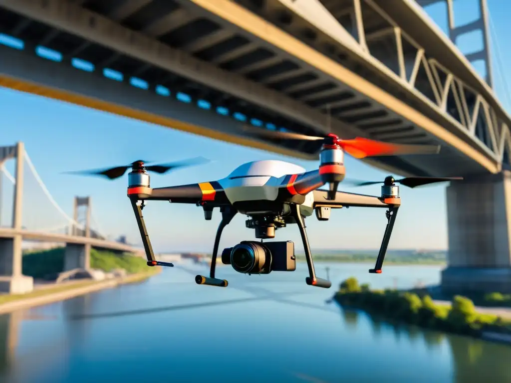 Integración de drones en monitoreo de puentes: tecnología avanzada inspeccionando un puente con sensores y comunicación