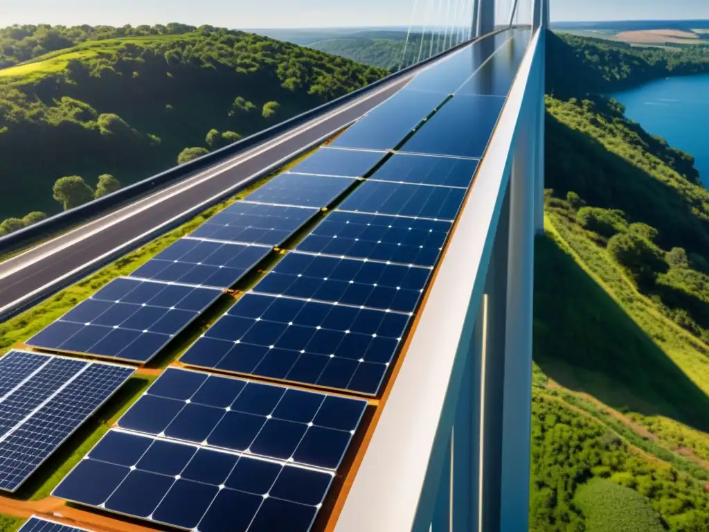 Integración de paneles solares en puentes: Puente con energía solar y diseño moderno, simbolizando la sostenibilidad y la innovación