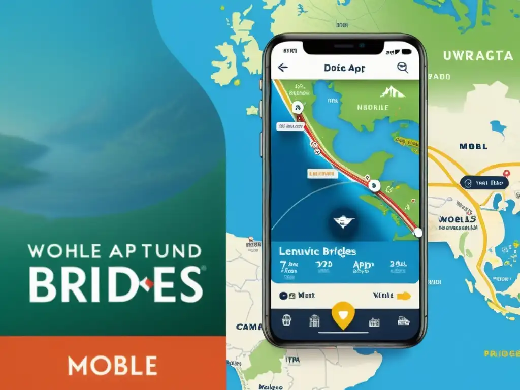 Interfaz de app móvil con mapas de puentes icónicos y funcionalidades para entusiastas y viajeros