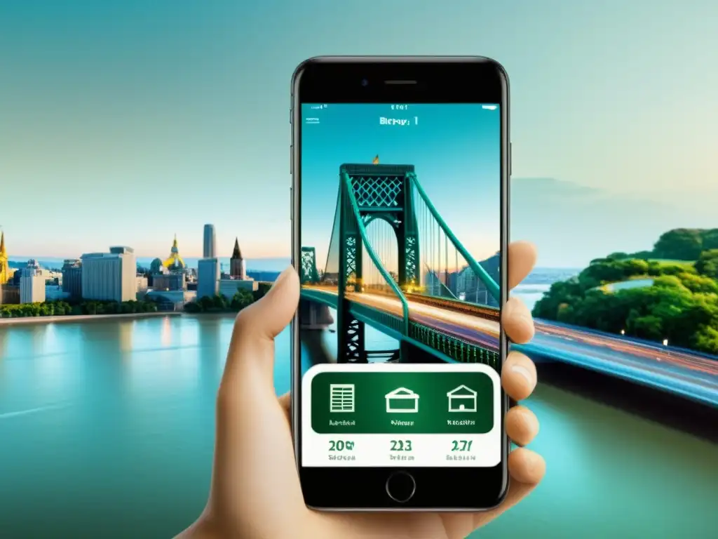 Interfaz de app móvil sobre puente icónico, integrando tecnología y arquitectura