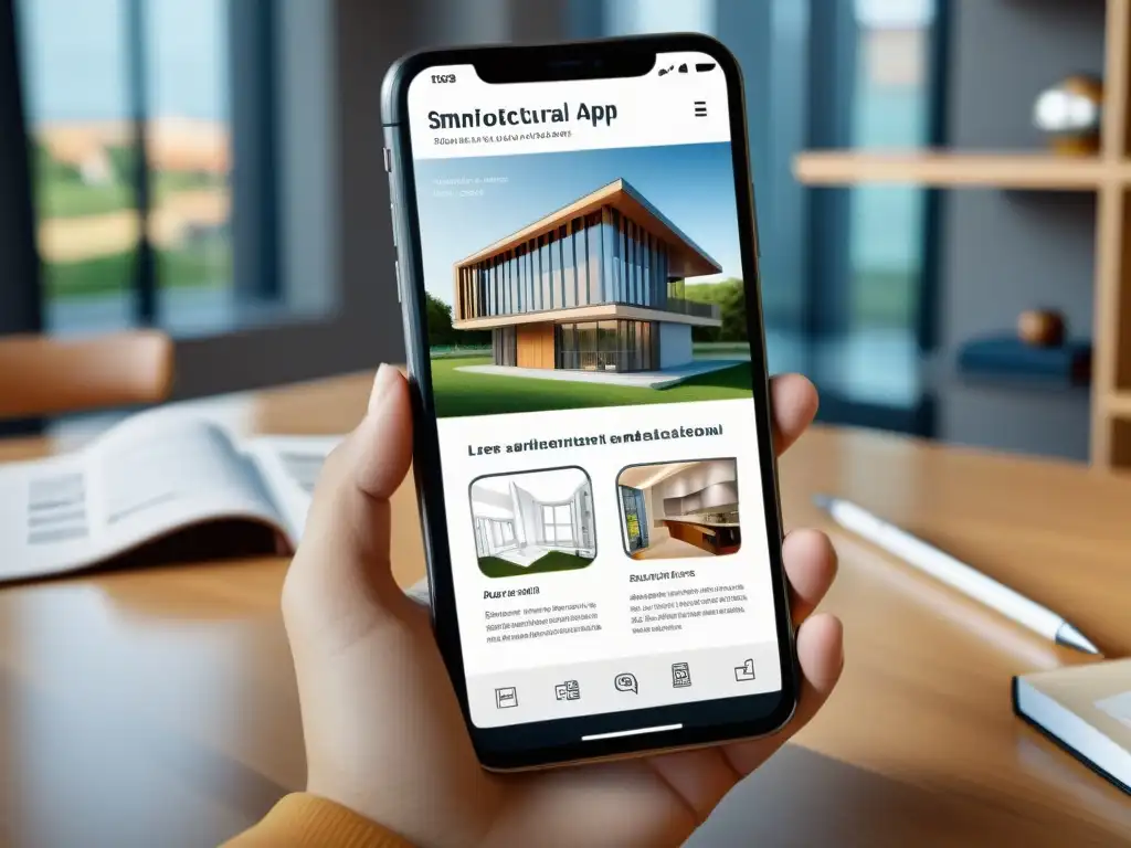 Interfaz de aplicación educativa para símbolos arquitectónicos en pantalla de smartphone, con renderizaciones 3D detalladas y ambiente profesional