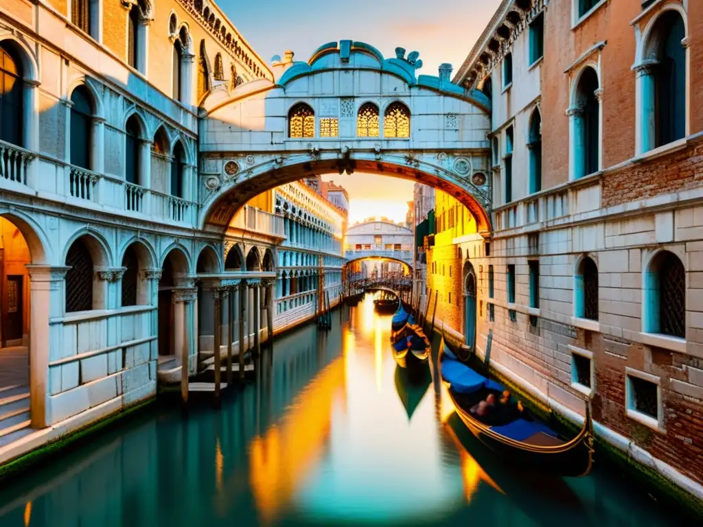 Los intrincados arcos de piedra y tallados ornamentales del Puente de los Suspiros en Venecia, bañados por la cálida luz dorada del atardecer, reflejándose en las apacibles aguas del canal