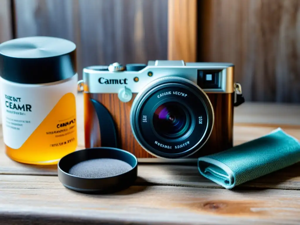 Un kit de limpieza compacto para cámaras, con herramientas de alta calidad sobre una mesa de madera envejecida