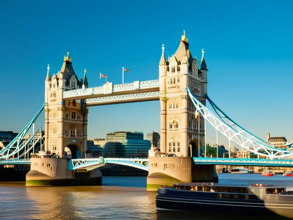 El legado arquitectónico del Puente de la Torre en Londres, resaltando su diseño victoriano y su grandiosidad frente al moderno horizonte de la ciudad