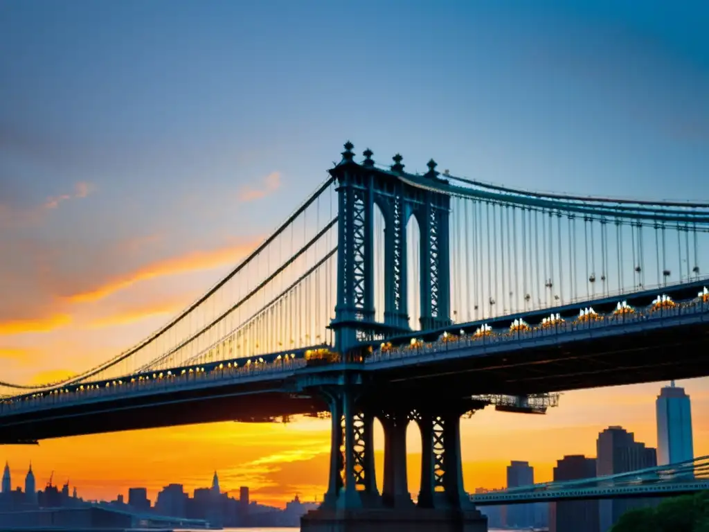 El legendario Puente de Manhattan se destaca en un atardecer vibrante, irradiando una cálida luz dorada sobre el horizonte de la ciudad