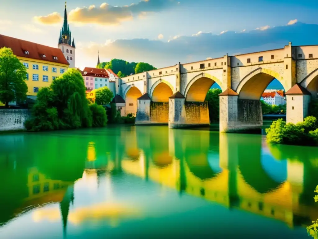 El legendario Puente de Piedra de Regensburg se alza sobre el Danubio, enmarcado por la historia y la belleza medieval