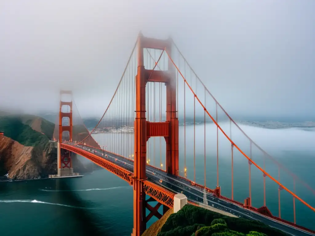 El legendario puente Golden Gate emerge entre la niebla, evocando la atmósfera de suspenso y drama de las películas de acción