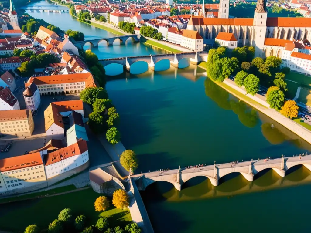 El legendario Puente de Piedra de Regensburg se eleva sobre el río Danubio, con la ciudad antigua al fondo, bañado por la suave luz de la mañana